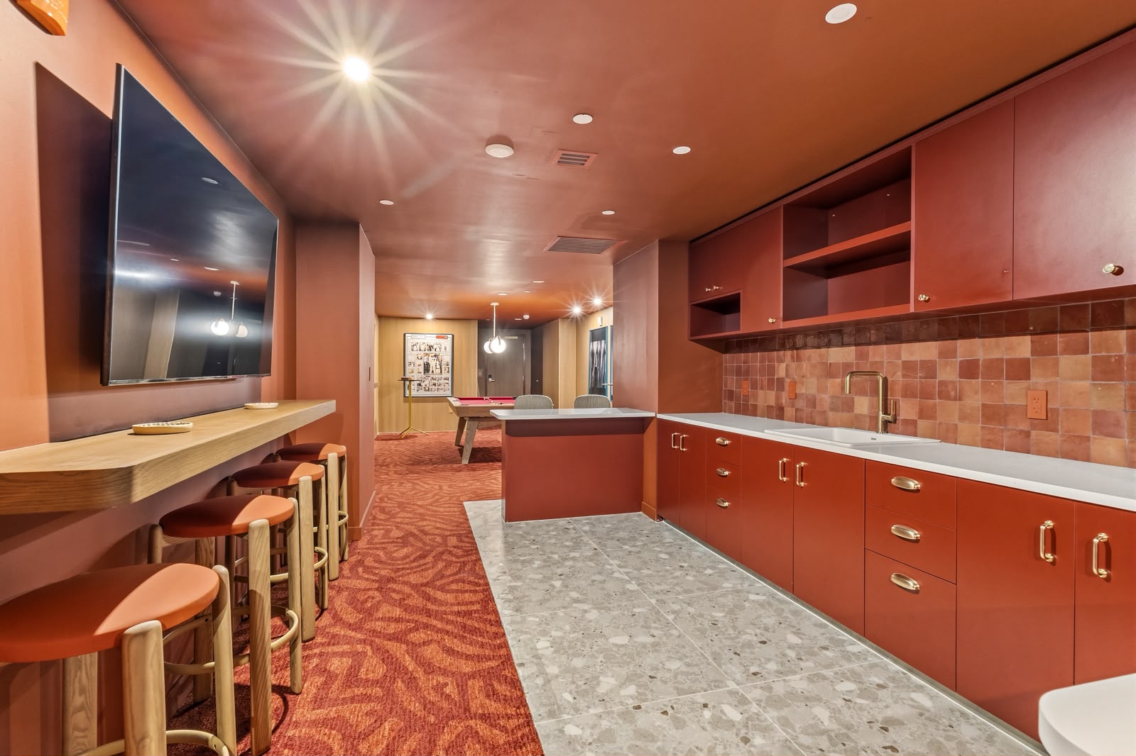 Lounge with wet bar and billiards table